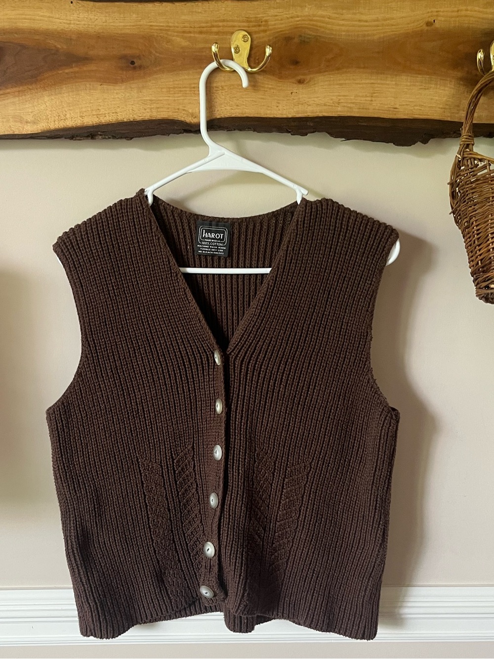 Vintage Brown Sweater Knit Vest 100% Cotton Harot Made USA M
